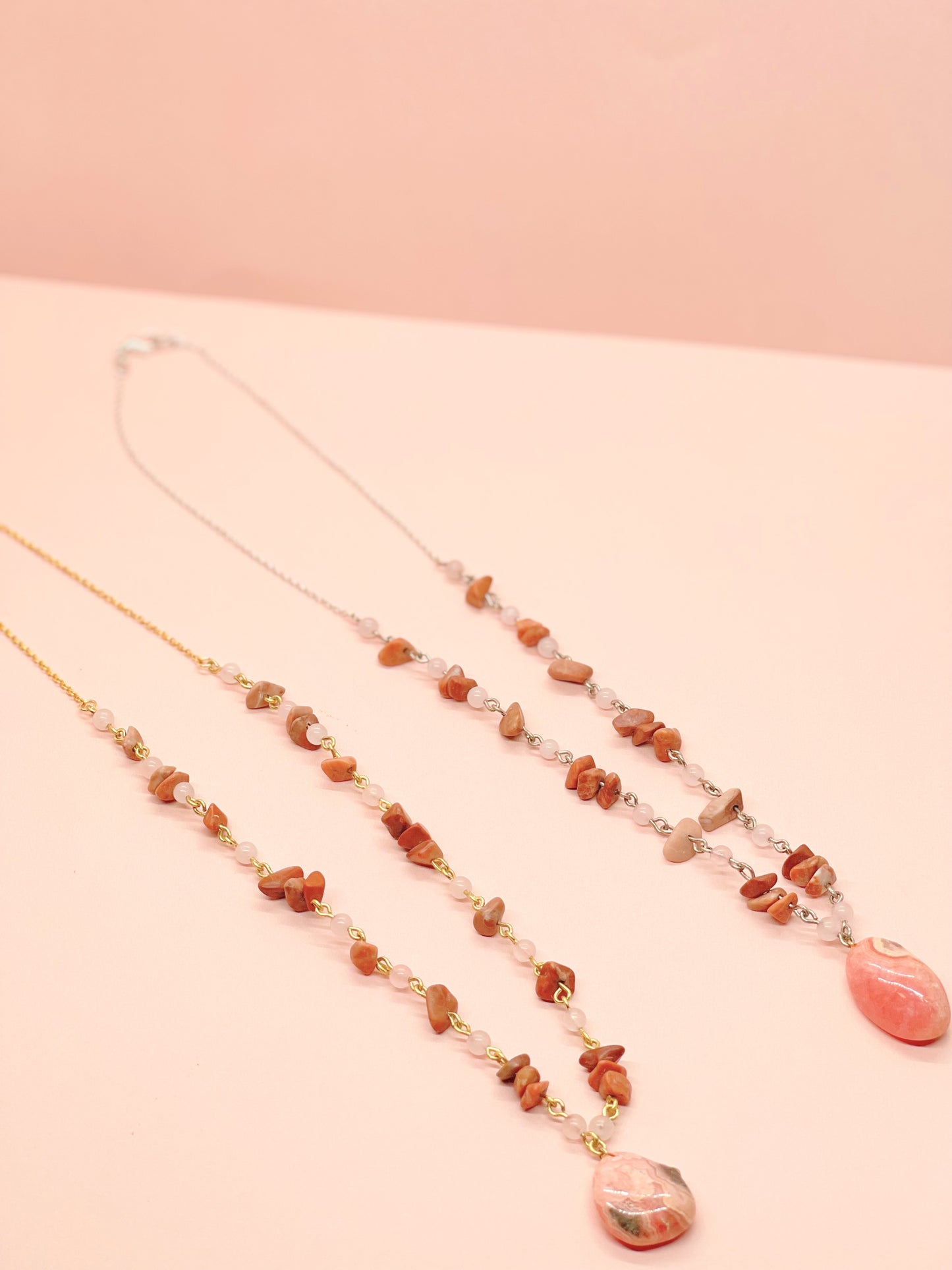 Pink Rhodonite & Rose Quartz Crystal Necklace